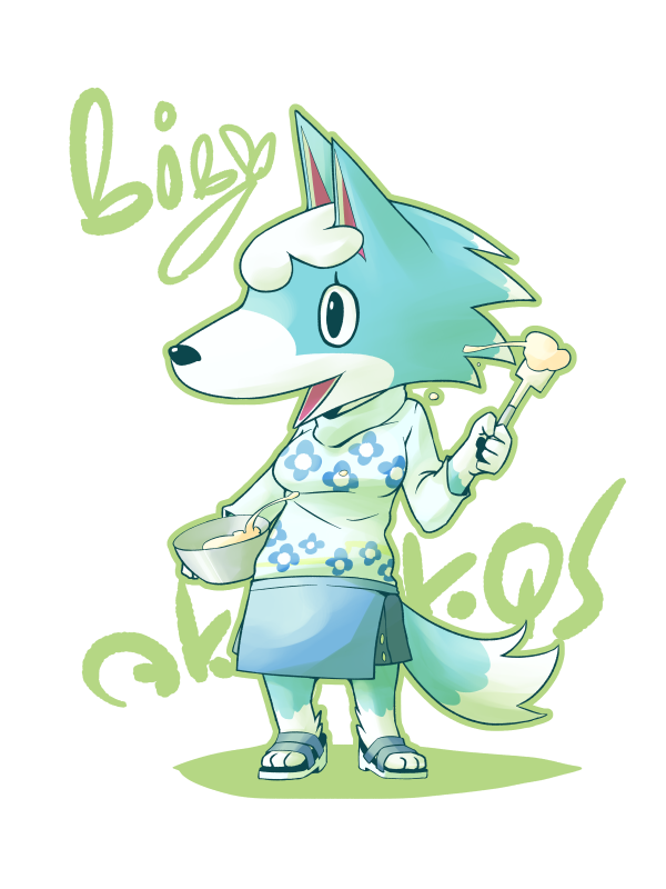 1girl, akk9s, animal_crossing, animal_ears, apron, female_focus, floral_print, nintendo, open_mouth, sandals, simple_background, skye_(animal_crossing), solo, tail, teeth, white_background, wolf_ears, wolf_tail