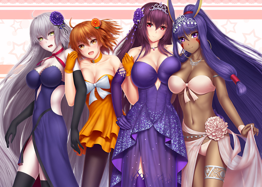 4girls, :d, ahoge, alternate_costume, animal_ears, armlet, asymmetrical_docking, bare_shoulders
