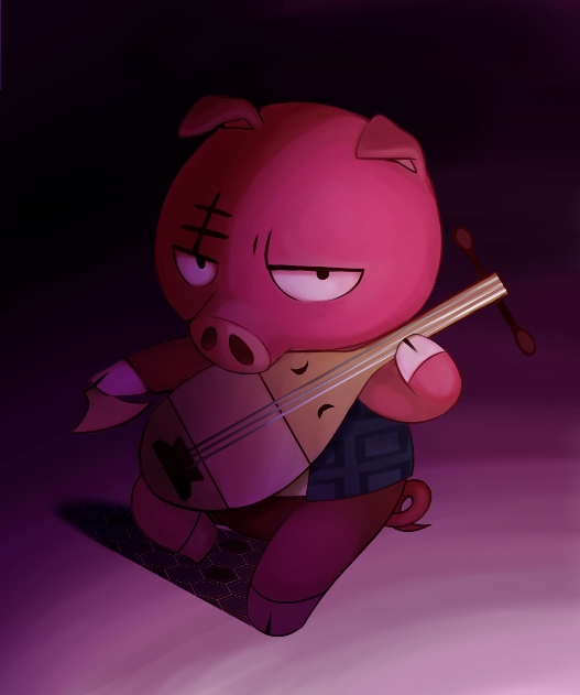 1boy, animal_crossing, animal_ears, furry, furry_male, instrument, male_focus, nintendo, pig, pig_ears, rasher_(animal_crossing), scar, shamisen, sitting, solo, want_b_herob