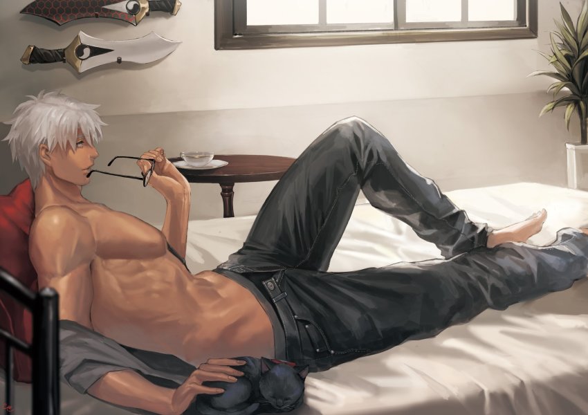 1boy, archer_(fate), archer_(modern_black_costume)_(fate), bad_id, bad_twitter_id, barefoot, bed, cat
