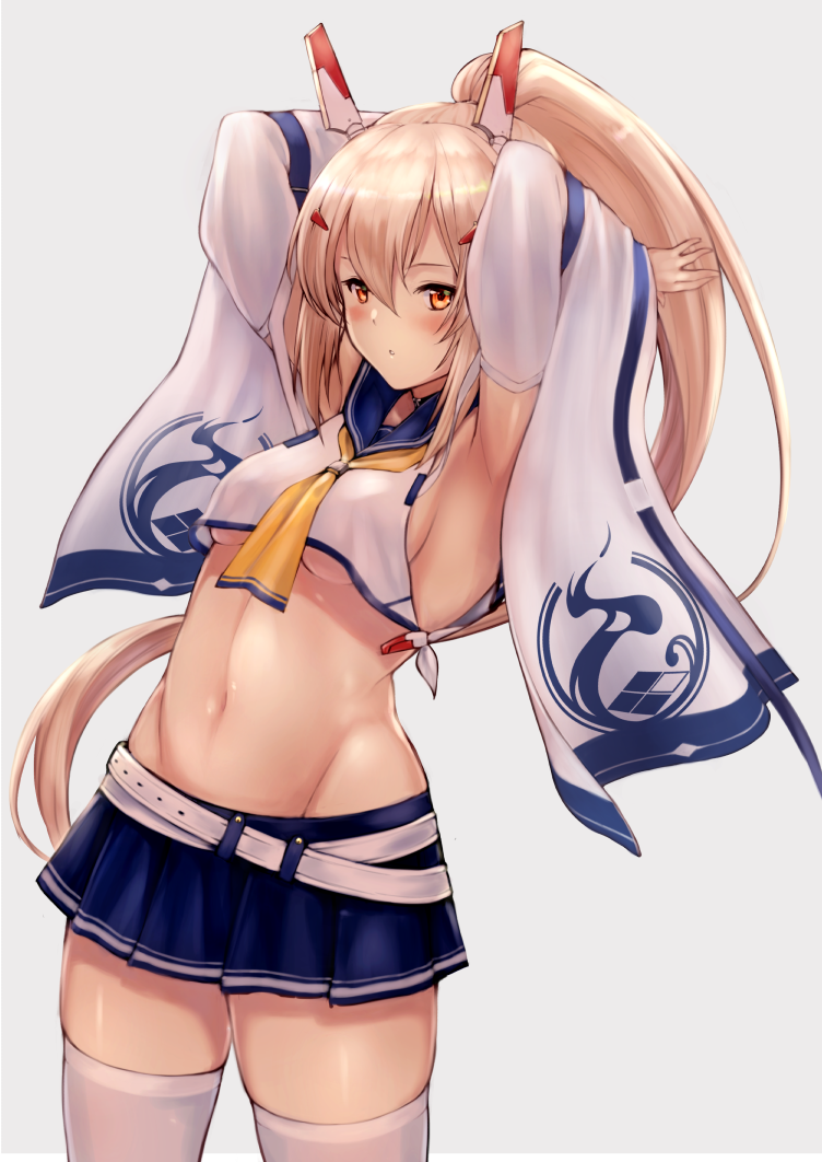 1girl, arm_garter, armpits, arms_up, ayanami_(azur_lane), ayanami_(retrofit)_(azur_lane), azur_lane, belt