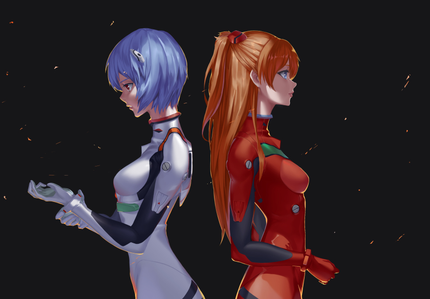 2girls, ayanami_rei, black_background, blue_eyes, blue_hair, bodysuit, breasts, clenched_teeth