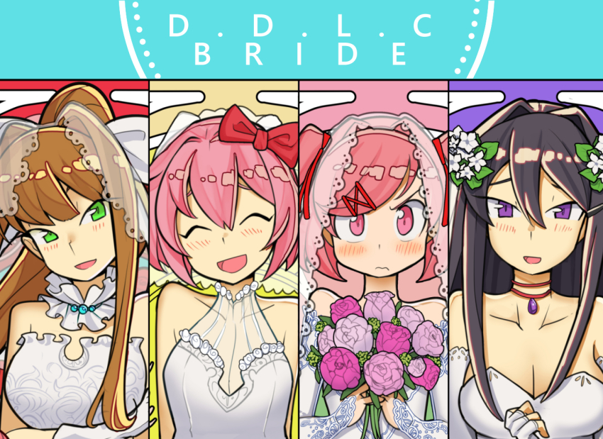 4girls, blush, bridal_bouquet, bridal_gauntlets, bridal_veil, bride, brown_hair, doki_doki_literature_club, dress, flower, green_eyes, jewelry, long_hair, monika_(doki_doki_literature_club), multiple_girls, natsuki_(doki_doki_literature_club), necklace, pink_eyes, pink_hair, ponytail, purple_eyes, purple_hair, sayori_(doki_doki_literature_club), sen-jou, short_hair, smile, veil, wedding_dress, yuri_(doki_doki_literature_club)
