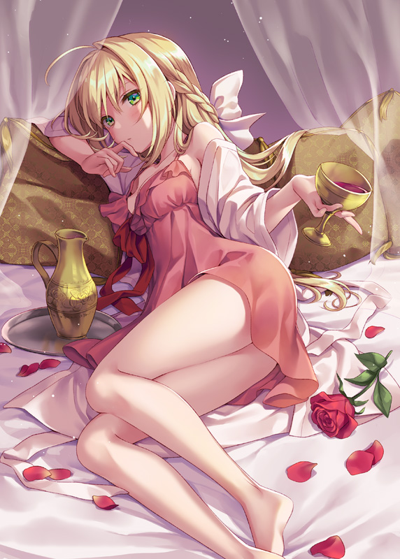 1girl, ahoge, bare_legs, bed_sheet, braid, chalice, cup, curtains