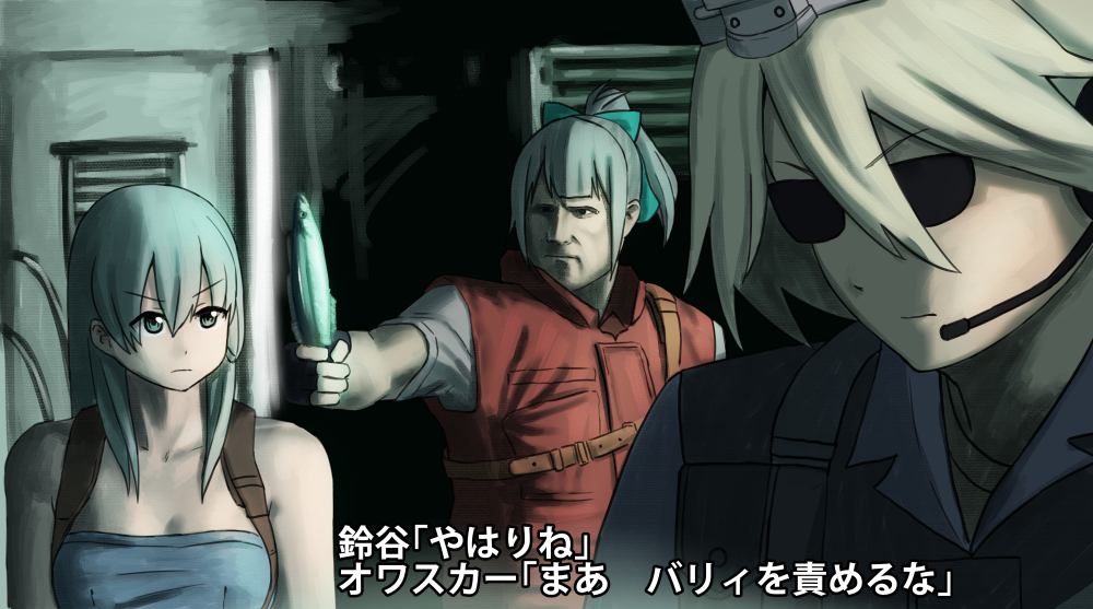 3girls, alternate_costume, bare_shoulders, bow, breasts, character_request, cleavage, collarbone