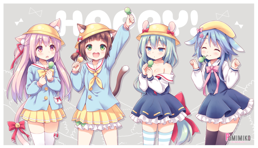 5girls, animal_ears, artist_request, azur_lane, black_legwear, blue_eyes, breasts, candy