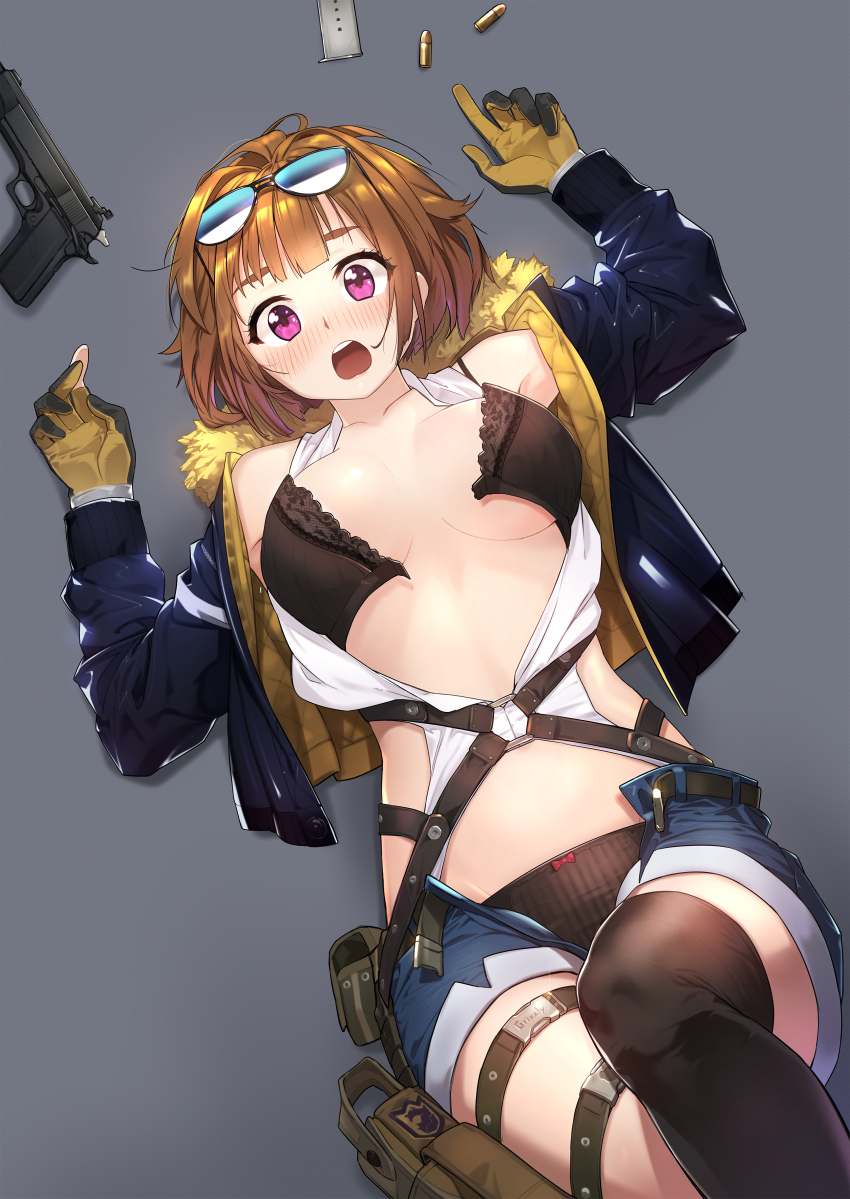 .50_action-express, 1girl, absurdres, action_arms, ammunition, bare_shoulders, blouse, blue_jacket, blue_shorts, blunt_bangs, blush, bra, breasts, brown_bra, brown_gloves, brown_hair, brown_panties, bullet, commentary_request, commercial_cartridge, cowboy_shot, eyewear_on_head, female_focus, fpanda, fur_trim, girls'_frontline, gloves, grey_background, grizzly_mkv_(girls'_frontline), gun, handgun, handgun_cartridge, highres, holster, jacket, knee_up, l.a.r._manufacturing, lar_grizzly_win_mag, legband, looking_at_viewer, lying, magnum_cartridge, medium_breasts, o-ring, on_back, open_bra, open_clothes, open_mouth, open_shirt, panties, pistol, pistol_cartridge, purple_eyes, shirt, short_hair, shorts, simple_background, solo, sunglasses, thigh_strap, thighhighs, torn_clothes, underwear, weapon, white_shirt