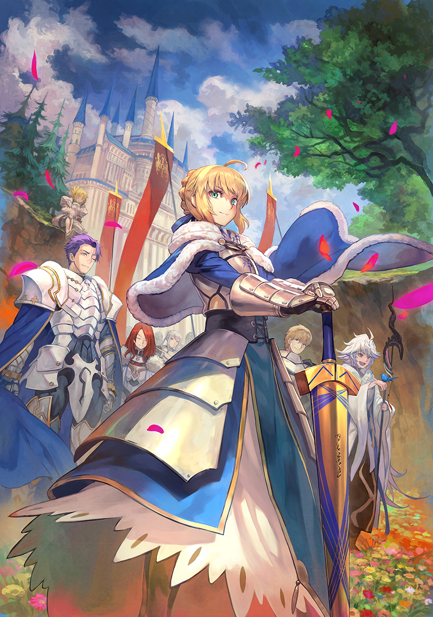 2girls, 5boys, ahoge, armor, armored_dress, artoria_pendragon_(fate), avalon_(fate), banner