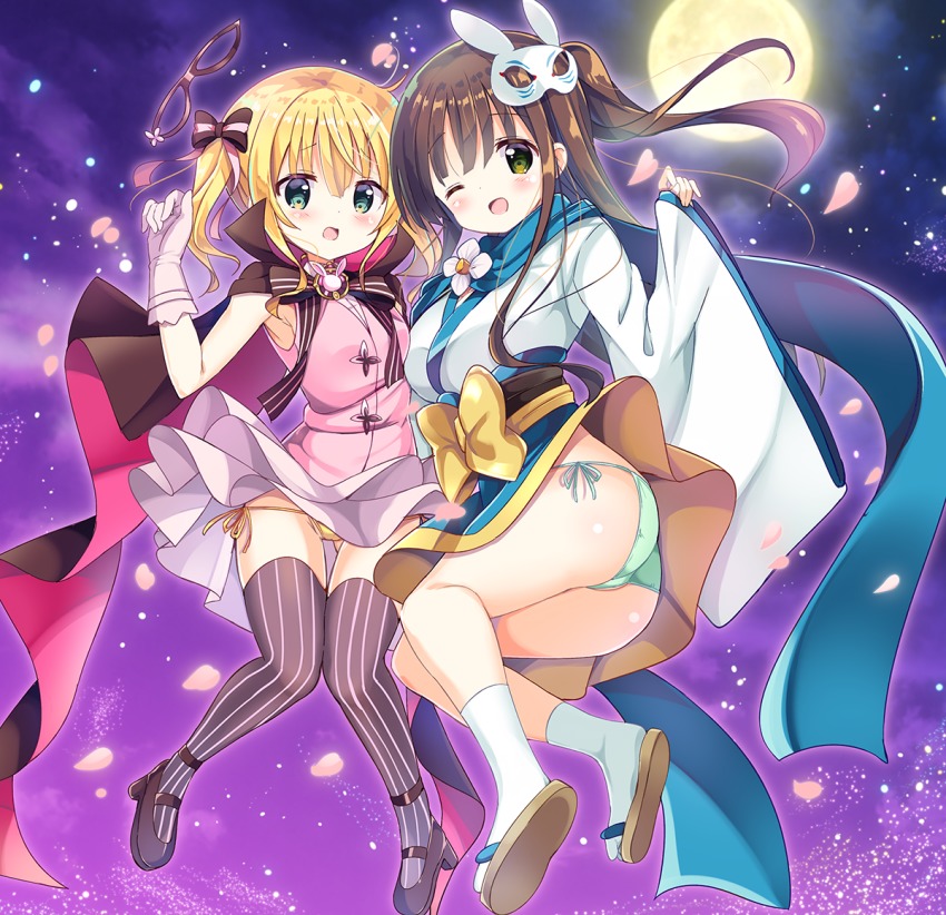 2girls, :o, ;d, alternate_costume, alternate_hairstyle, aqua_eyes, ass, bad_id