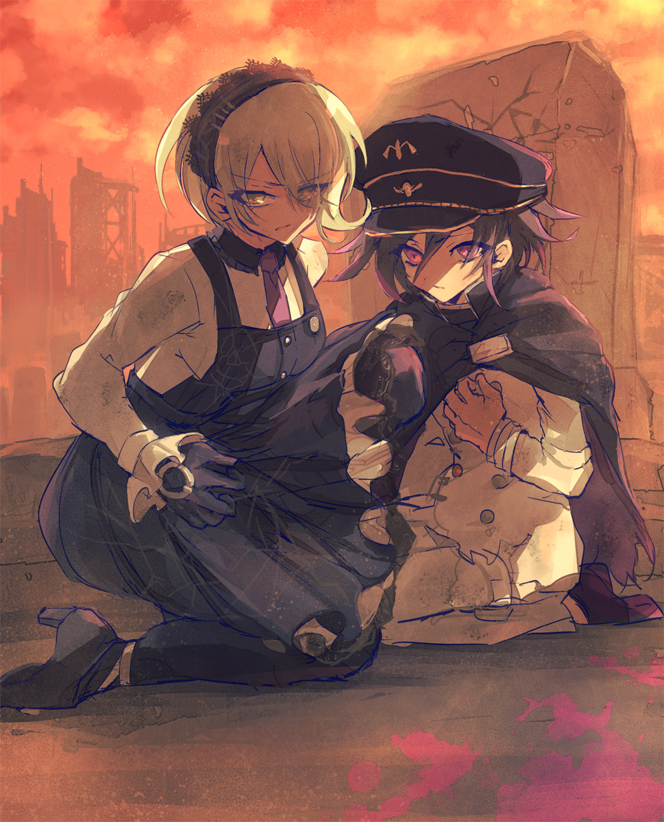 1boy, 1girl, black_dress, black_gloves, buttons, cloak, danganronpa_(series), danganronpa_v3:_killing_harmony, dress, frills, gloves, green_eyes, grey_hair, hair_over_one_eye, hairband, hat, headdress, highres, maid, maid_headdress, matching_hair/eyes, mokugyo, necktie, oma_kokichi, pants, pantyhose, purple_eyes, purple_hair, shirt, shoes, short_hair, side_bangs, tojo_kirumi, white_shirt