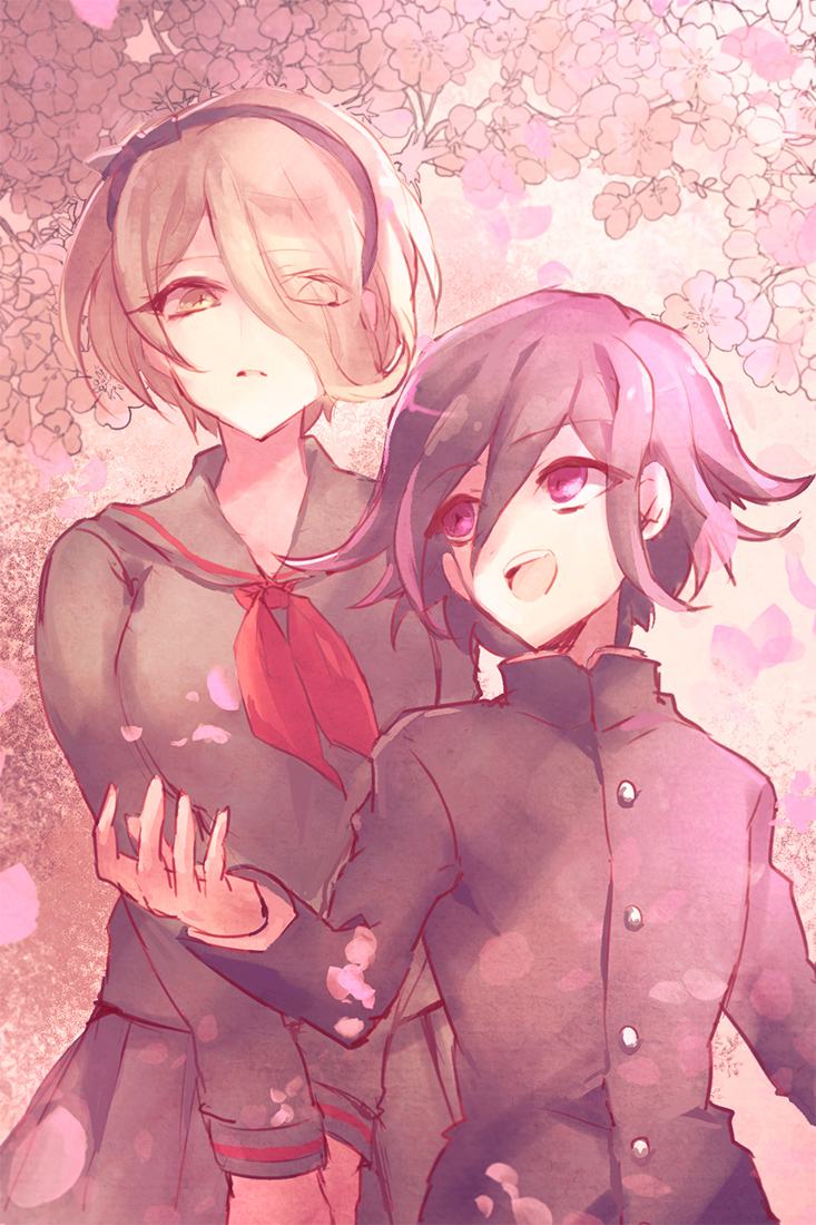 1boy, 1girl, buttons, cherry_blossoms, danganronpa_(series), danganronpa_v3:_killing_harmony, hair_over_one_eye, hairband