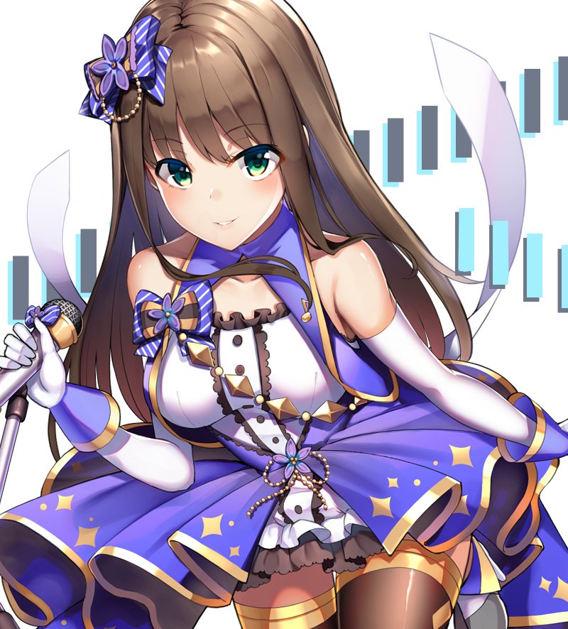 1girl, bare_shoulders, breasts, brown_hair, elbow_gloves, female_focus, gloves, green_eyes