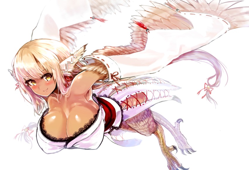 1girl, absurdly_long_hair, animal_ears, bare_shoulders, bird_ears, blonde_hair, blush, borrowed_character