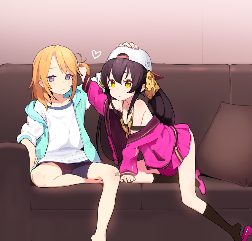 2girls, absurdres, all_fours, amekaji_gyaru, animal_print, backwards_hat, barefoot, baseball_cap