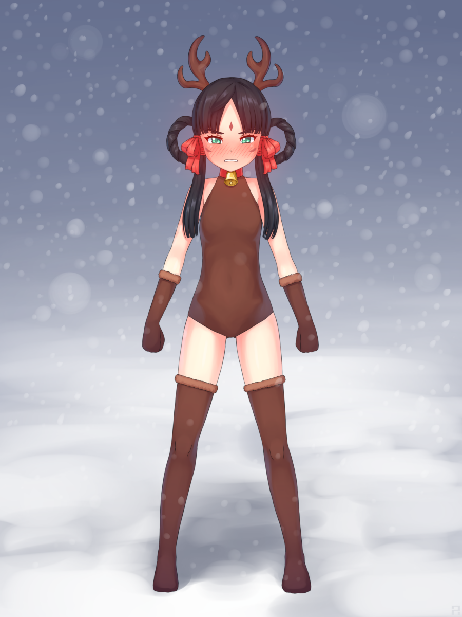 1girl, ace_attorney, antlers, aposine, bell, black_hair, blush, boots, brown_gloves, brown_leotard, brown_thighhighs, christmas, clenched_hand, clenched_teeth, collar, covered_navel, embarrassed, facial_mark, female_focus, forehead_mark, full_body, gloves, green_eyes, hair_rings, highres, horns, leotard, long_hair, looking_at_viewer, neck_bell, nose_blush, parted_bangs, phoenix_wright:_ace_attorney_-_spirit_of_justice, rayfa_padma_khura'in, sidelocks, snow, snowing, solo, standing, tattoo, teeth, thigh_boots, thighhighs