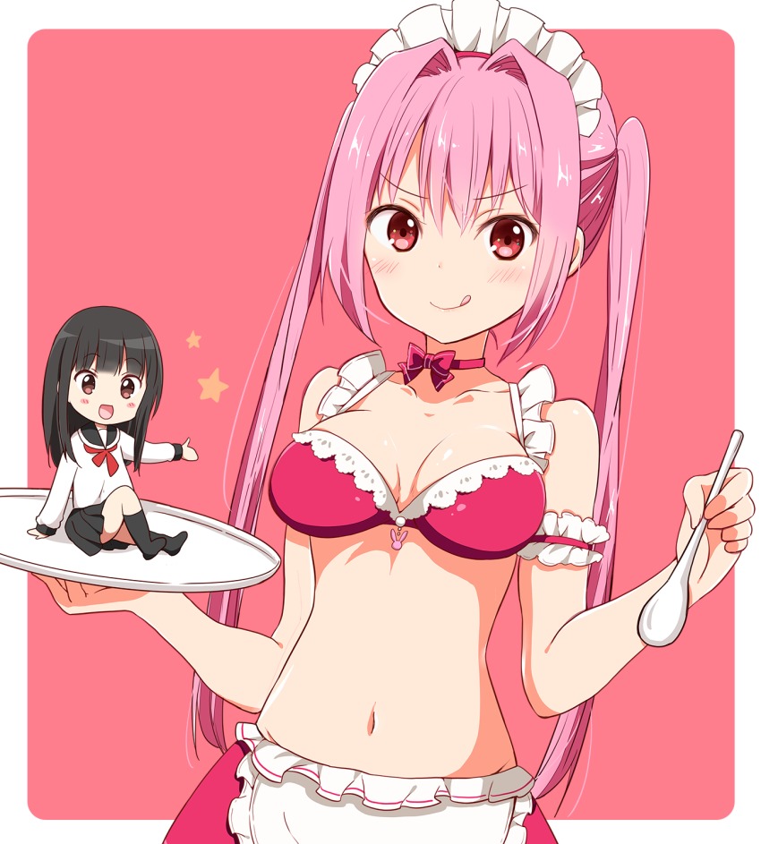 2girls, :d, :q, apron, arm_garter, bare_shoulders, bikini, black_hair