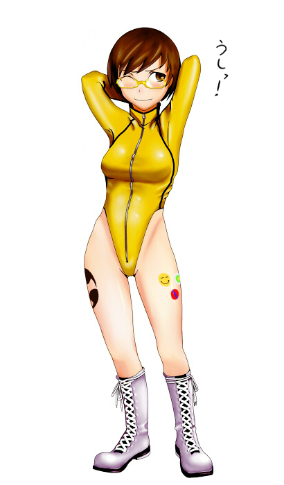 1girl, arms_behind_head, atlus, bad_id, bad_pixiv_id, boots, breasts, brown_hair, cosplay, em_(totsuzen_no_hakike), female_focus, full-length_zipper, full_body, glasses, leotard, one_eye_closed, persona, persona_4, satonaka_chie, short_hair, simple_background, solo, tomoe_(persona), tomoe_(persona_4), white_boots, wink, yellow-framed_eyewear, zipper