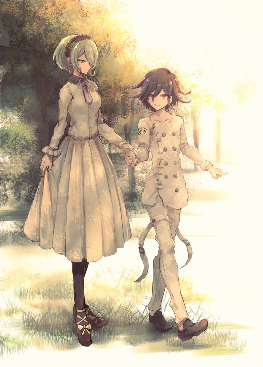 1boy, 1girl, black_gloves, buttons, danganronpa_(series), danganronpa_v3:_killing_harmony, dress, frills