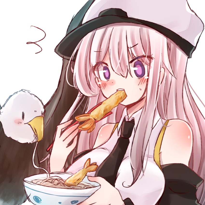 1girl, ^^^, animal, azur_lane, bald_eagle, bare_shoulders, bird, black_jacket, black_necktie, blush, bowl, breasts, chopsticks, collared_shirt, dot_nose, eagle, eating, enterprise_(azur_lane), eyebrows, eyes_visible_through_hair, female_focus, food, hair_between_eyes, hat, highres, holding, holding_bowl, holding_chopsticks, jacket, large_breasts, long_hair, long_sleeves, necktie, noodles, off_shoulder, peaked_cap, purple_eyes, shimashiro_itsuki, shirt, sidelocks, sleeveless, sleeveless_shirt, solo, straight_hair, teeth, tempura, upper_body, white_hair, white_hat, white_shirt