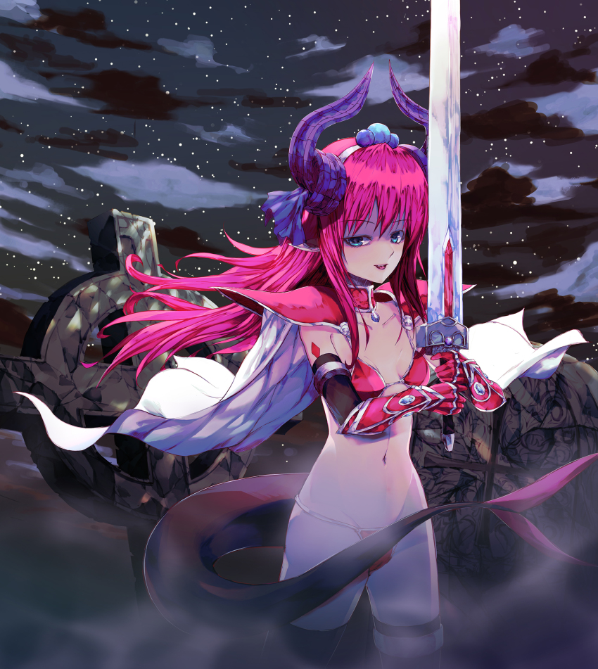 1girl, blue_eyes, breasts, cape, dragon_girl, dragon_horns, dragon_tail, elizabeth_bathory_(brave)_(fate)