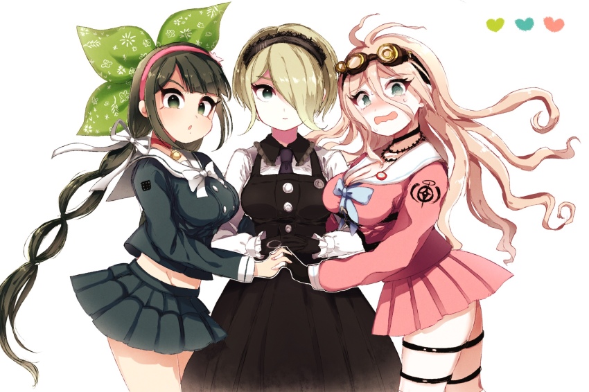 3girls, ahoge, apron, bell, belly, black_dress, black_gloves, black_hair, blonde_hair, breasts, buttons, chabashira_tenko, choker, collar, crying, danganronpa_(series), danganronpa_v3:_killing_harmony, dress, frills, gloves, green_eyes, grey_hair, hair_over_one_eye, headdress, highres, iruma_miu, maid, maid_headdress, miniskirt, multiple_girls, neck_bell, necktie, open_mouth, pekora_(evening_twilight), shirt, short_hair, side_bangs, skirt, tojo_kirumi, twintails