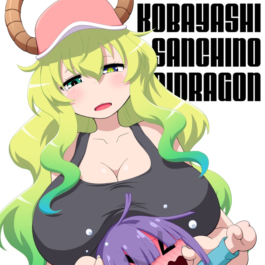 1boy, 1girl, age_difference, bad_id, bad_pixiv_id, blonde_hair, blush, breasts, child, cleavage, collarbone, commentary_request, copyright_name, gradient_hair, hat, heterochromia, huge_breasts, kamo_3, kobayashi-san_chi_no_maidragon, long_hair, lucoa_(maidragon), magatsuchi_shouta, multicolored_hair, onee-shota, purple_hair, simple_background, unusually_open_eyes, white_background