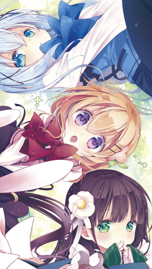 3girls, :o, ama_usa_an_uniform, back_cover, black_skirt, blue_eyes, blue_hair, blue_neckwear