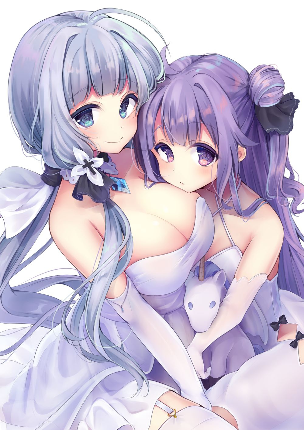 2girls, azur_lane, bare_shoulders, blue_eyes, blush, breasts, cleavage, closed_mouth