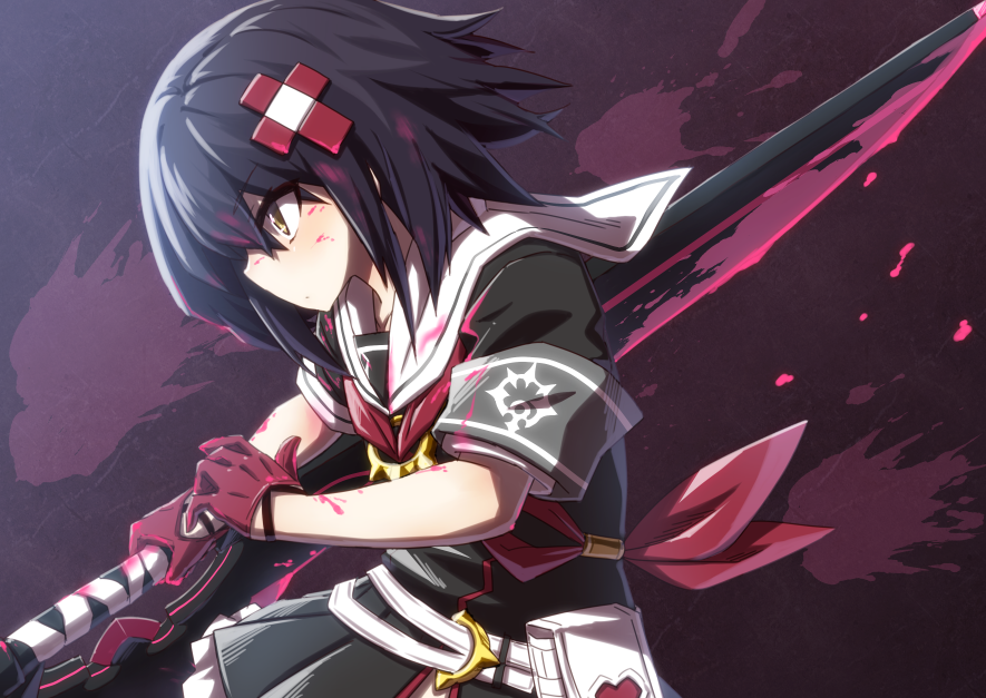 1girl, alice_(mary_skelter), black_hair, black_serafuku, blood, blood_drip, blood_on_clothes, blood_on_face