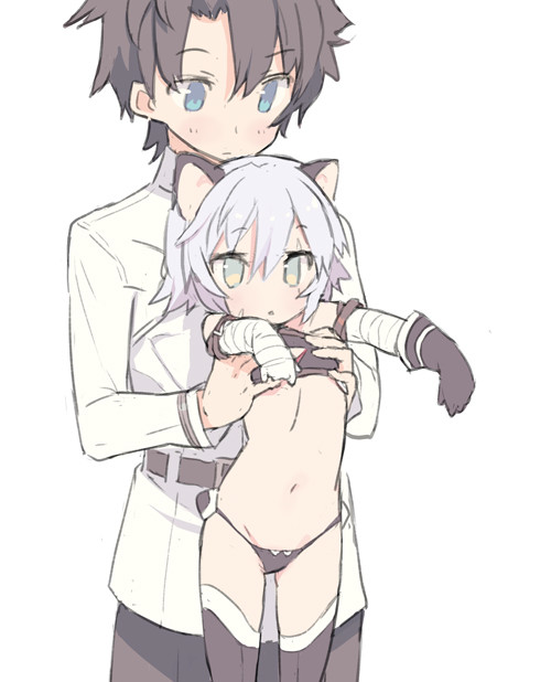 1boy, 1girl, animal_ears, bandaged_arm, bandages, black_gloves, black_panties, black_thighhighs