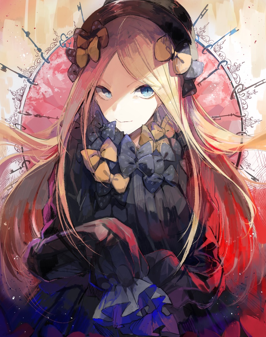 1girl, abigail_williams_(fate), abigail_williams_(first_ascension)_(fate), black_bow, black_dress, black_hat, blonde_hair, blue_eyes