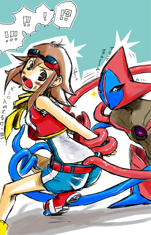 1girl, artist_request, bare_legs, deoxys, deoxys_(attack), embarrassed, forced, gen_3_pokemon