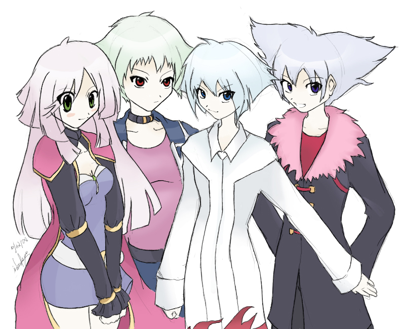 00s, 1girl, 3boys, billy_(pokemon), blue_eyes, blue_hair, breasts, clyde_(pokemon_ranger)