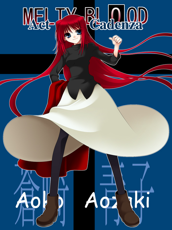 00s, 1girl, aozaki_aoko, blue_eyes, copyright_name, dress, female_focus, hair_intakes