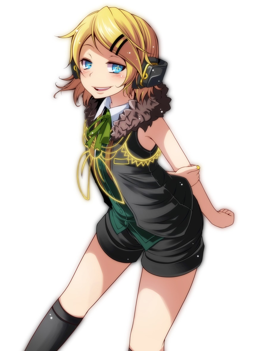 1girl, absurdres, arm_grab, arms_behind_back, bare_shoulders, black_socks, black_vest, blush, female_focus, hand_on_own_elbow, headphones, highres, kagamine_rin, kagamine_rin_(transmitter), kneehighs, nail_polish, project_diva_(series), short_hair, shorts, smile, smirk, socks, solo, symbol_in_eye, tsukishiro_saika, vest, vocaloid, white_background, yellow_nails