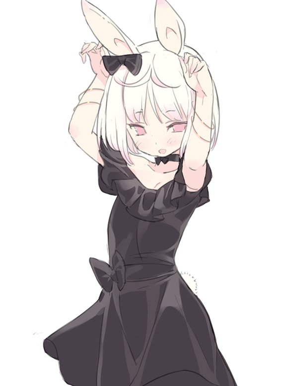 1girl, :d, animal_ears, arms_up, black_bow, black_dress, blade_(galaxist), blush, bow, bracelet, commentary_request, cowboy_shot, dot_nose, dress, female_focus, hair_bow, jewelry, looking_at_viewer, open_mouth, pink_eyes, pop-up_story, rabbit_ears, rabbit_girl, rabbit_pose, rabbit_tail, ruri_ookami, sash, short_hair, simple_background, smile, solo, tail, white_background, white_hair
