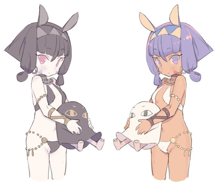 2girls, aged_down, alternate_hair_length, alternate_hairstyle, bare_shoulders, bikini, black_bikini, black_eyes