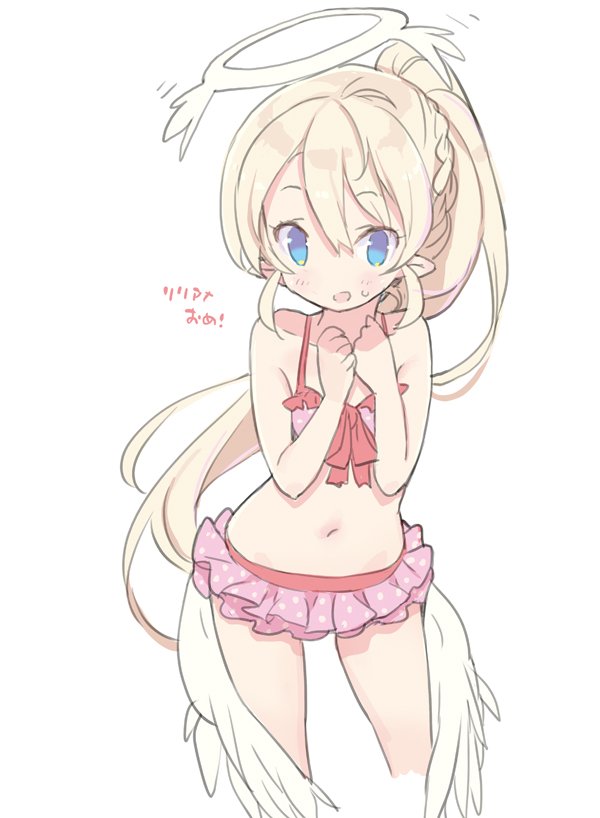 1girl, angel, bikini, blade_(galaxist), blonde_hair, blue_eyes, blush, braid