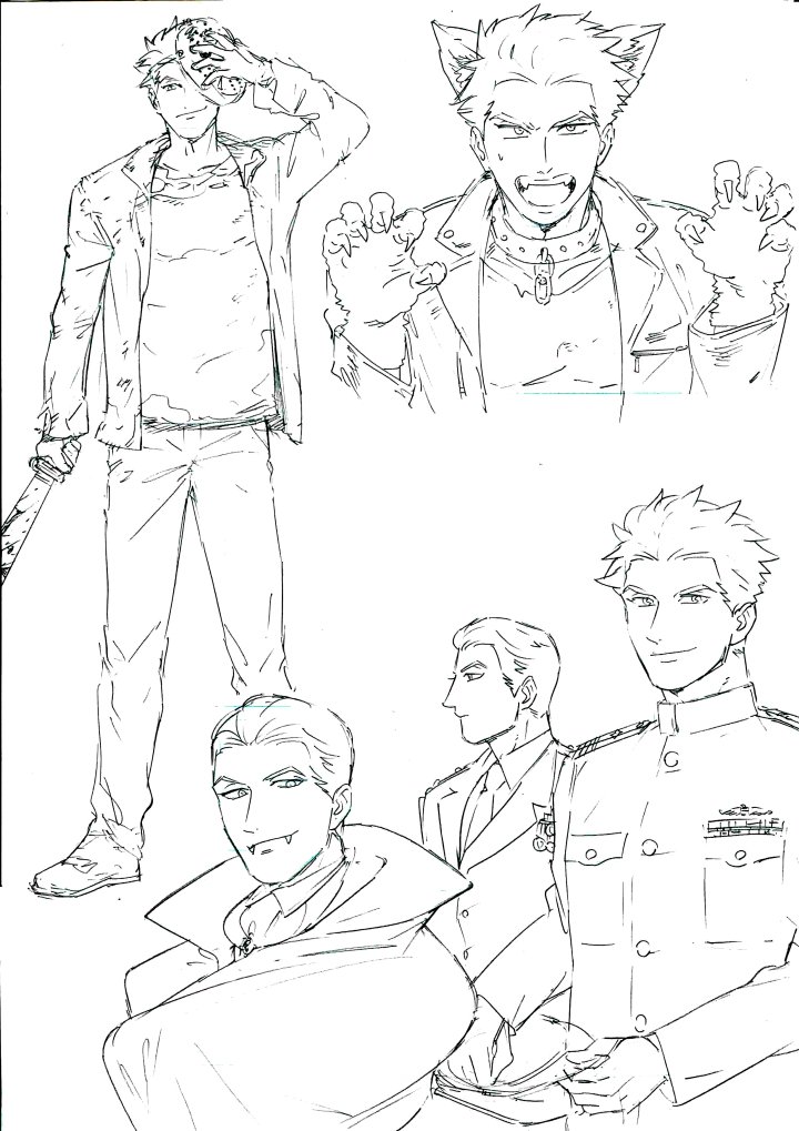 2boys, animal_ears, boss_(gindoro), cape, cosplay, fake_animal_ears, fangs, friday_the_13th, gindoro, greyscale, hair_slicked_back, halloween_costume, jacket, jason_voorhees, jason_voorhees_(cosplay), machete, male_focus, mask_over_one_eye, military, military_uniform, monochrome, multiple_boys, original, patissier_(gindoro), sketch, vampire_costume, werewolf