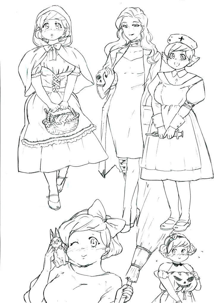 2girls, basket, blush, bow, broom, cat, cosplay, flipped_hair, gindoro, greyscale, hair_bow, halloween_costume, hat, jiji_(aardvark), jiji_(majo_no_takkyuubin), katyusha_(gindoro), kiki_(majo_no_takkyuubin), kiki_(majo_no_takkyuubin)_(cosplay), little_red_riding_hood_(fairy_tale), little_red_riding_hood_(fairy_tale_character)_(cosplay), little_red_riding_hood_(fairy_tale_character), monochrome, multiple_girls, nurse, nurse_cap, original, plump, sato_(gindoro), short_hair, sketch, skull, syringe, vampire_costume