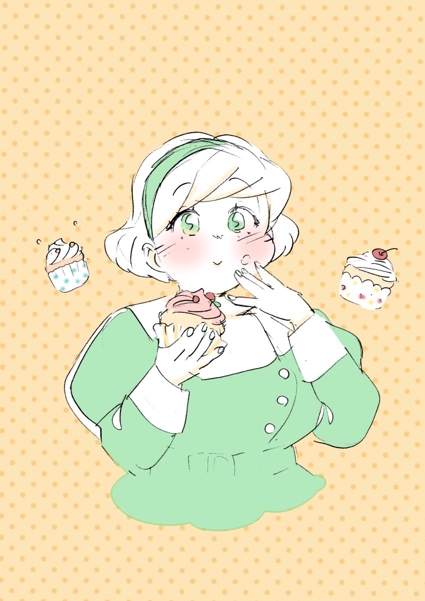 1girl, absurdres, cropped_torso, cupcake, female_focus, food, food_on_face, gindoro, highres, katyusha_(gindoro), original, plump, polka_dot, polka_dot_background, simple_background, solo, yellow_background