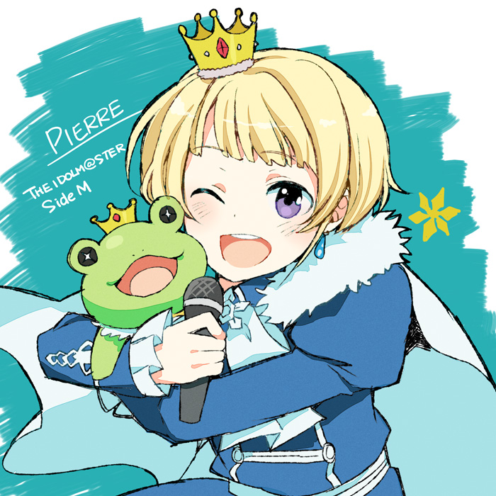 10s, 1boy, ;d, bad_id, bad_pixiv_id, blonde_hair, cape, character_name