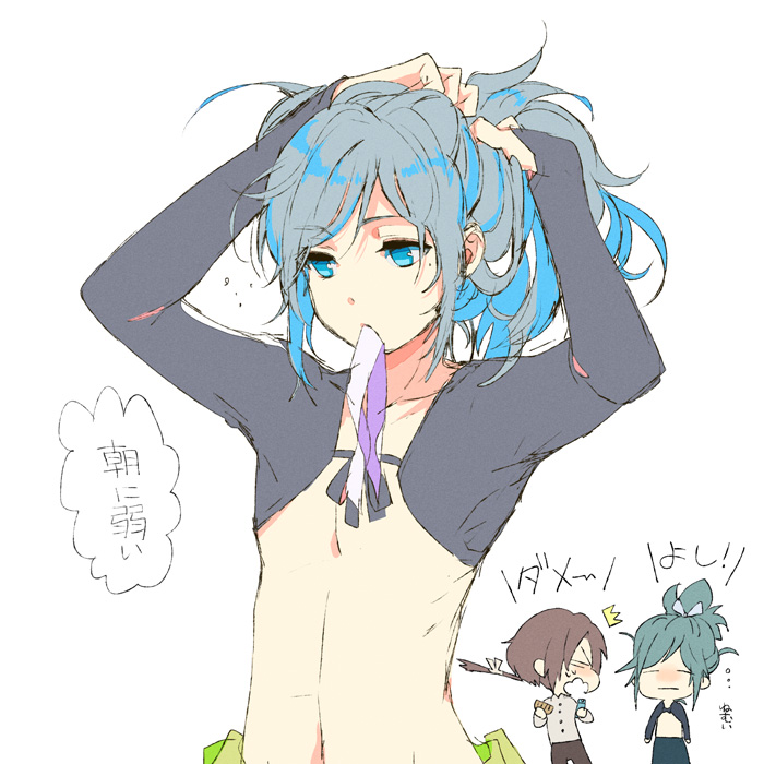 10s, 2boys, adjusting_hair, bad_id, bad_pixiv_id, black_hair, blue_eyes, brown_hair