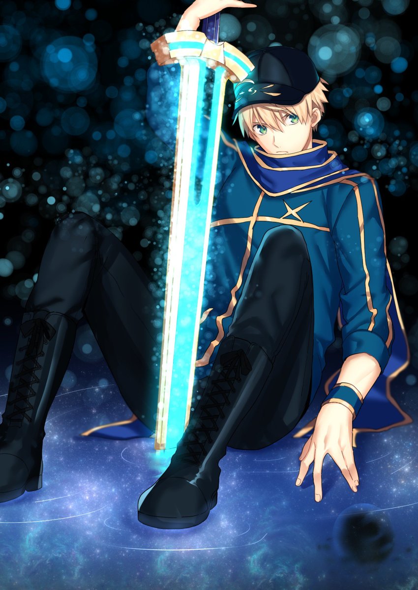 1boy, ahoge, arm_support, arthur_pendragon_(fate), artoria_pendragon_(fate), bad_id, bad_twitter_id, baseball_cap