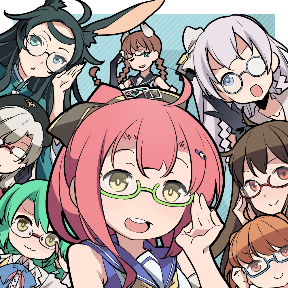 6+girls, :d, ;d, ahoge, animal_ear_fluff, animal_ears, aqua_eyes, azur_lane