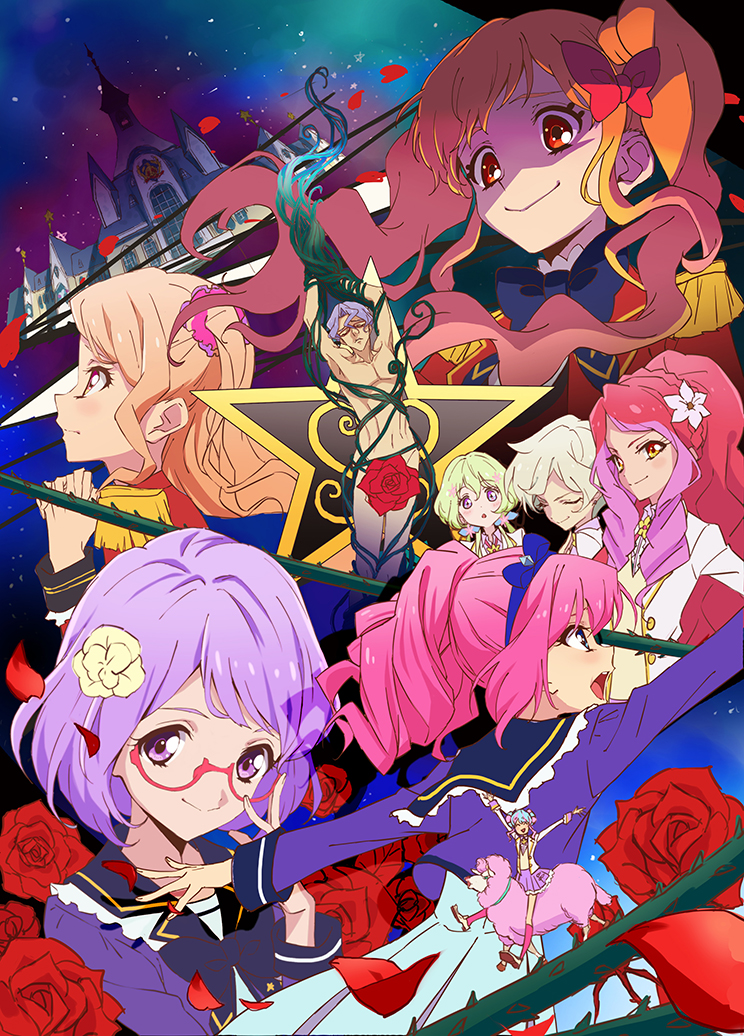 10s, 1boy, 6+girls, aikatsu!, aikatsu!_(series), aikatsu_stars!, bikini, blonde_hair, bow, caroline_(aikatsu!), elza_forte, evil_smile, floral_print, flower, futaba_aria, hair_bow, hair_flower, hair_ornament, hanazono_kirara, kasumi_mahiru, kizaki_rei, long_hair, moroboshi_hikaru, multiple_girls, nanakura_koharu, nijino_yume, pink-framed_eyewear, pink_hair, plant, ponytail, purple_eyes, red_bikini, red_hair, ripod, rose, sakuraba_rola, saotome_ako, school_uniform, shaded_face, sheep, smile, swimsuit, topless_male, twintails, vines