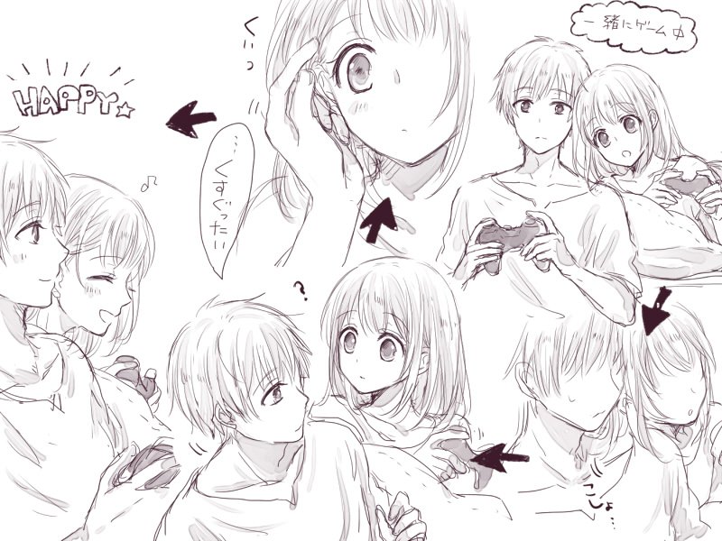 1boy, 1girl, anzu_(ensemble_stars!), arrow_(symbol), brother_and_sister, controller, ensemble_girls!, ensemble_stars!