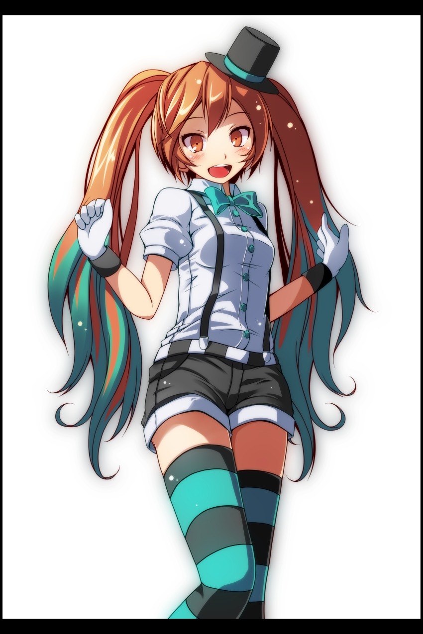 1girl, :d, absurdres, aqua_bow, aqua_bowtie, aqua_hair, black_hat, blouse