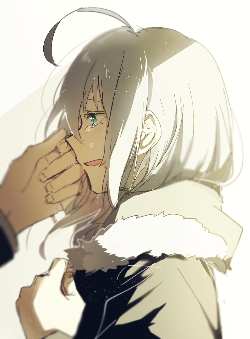 1girl, ahoge, fate_(series), fur_trim, gray_(fate), green_eyes, happy_tears, long_hair