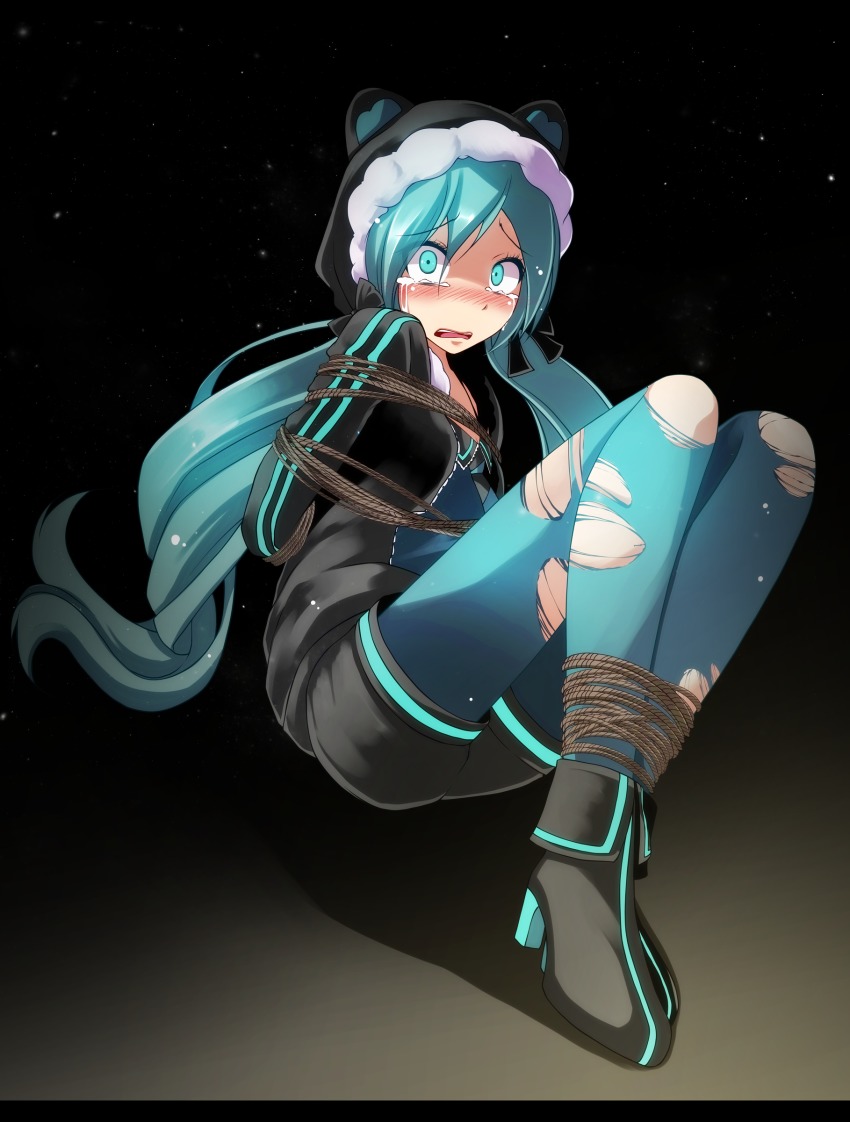 1girl, absurdres, aqua_eyes, aqua_hair, aqua_pantyhose, bad_id, bad_pixiv_id, bdsm, blush, constricted_pupils, crying, female_focus, full_body, hatsune_miku_(green_ponpoko), hatsune_miku, highres, kunoichi_demo_koi_ga_shitai_(vocaloid), long_hair, pantyhose, pillarboxed, project_diva_(series), project_diva_x, restrained, solo, tears, torn_clothes, torn_pantyhose, tsukishiro_saika, vocaloid, wavy_mouth
